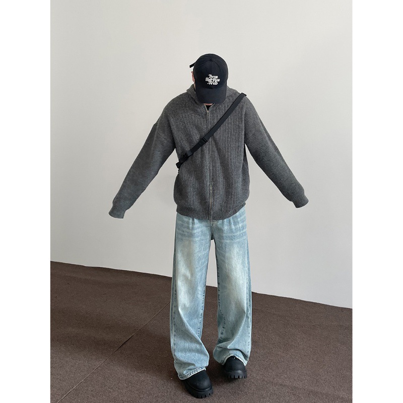 American high street cleanfit washed blue wide-leg jeans for men and women ins trend loose straight vibe pants - Image 4