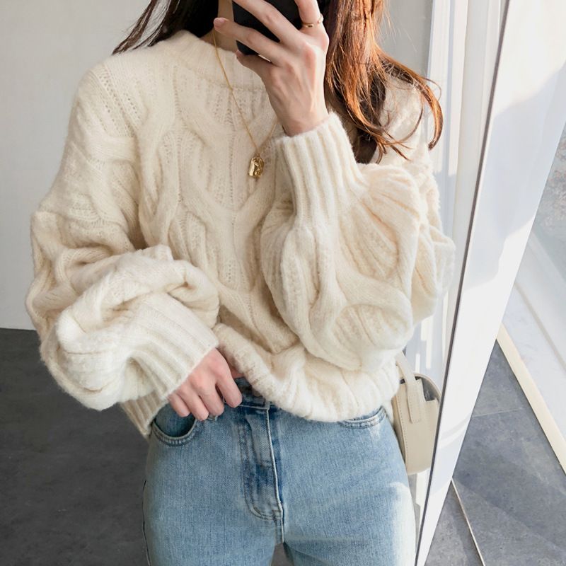 Lantern puff sleeve round neck cable knit pullover sweater for women, autumn and winter, lazy style, Korean style, loose and thick cable knit sweater - Image 12
