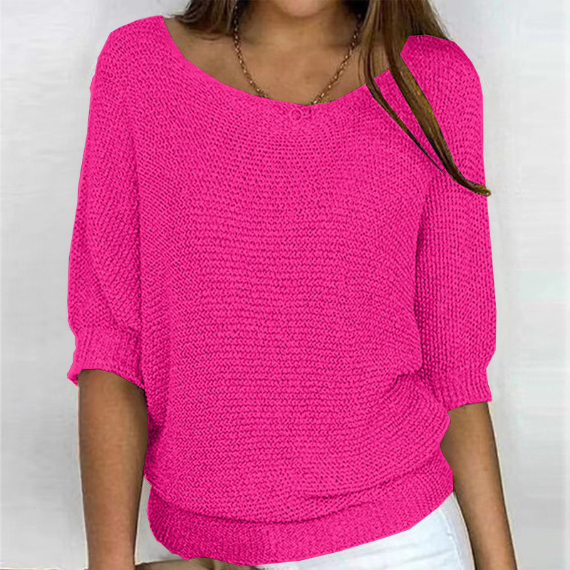 2026 New Russian AliExpress Wish Solid Color Crew Neck Knitted Top Women's Three-Quarter Sleeve Top Air Conditioning Shirt In Stock - Image 26