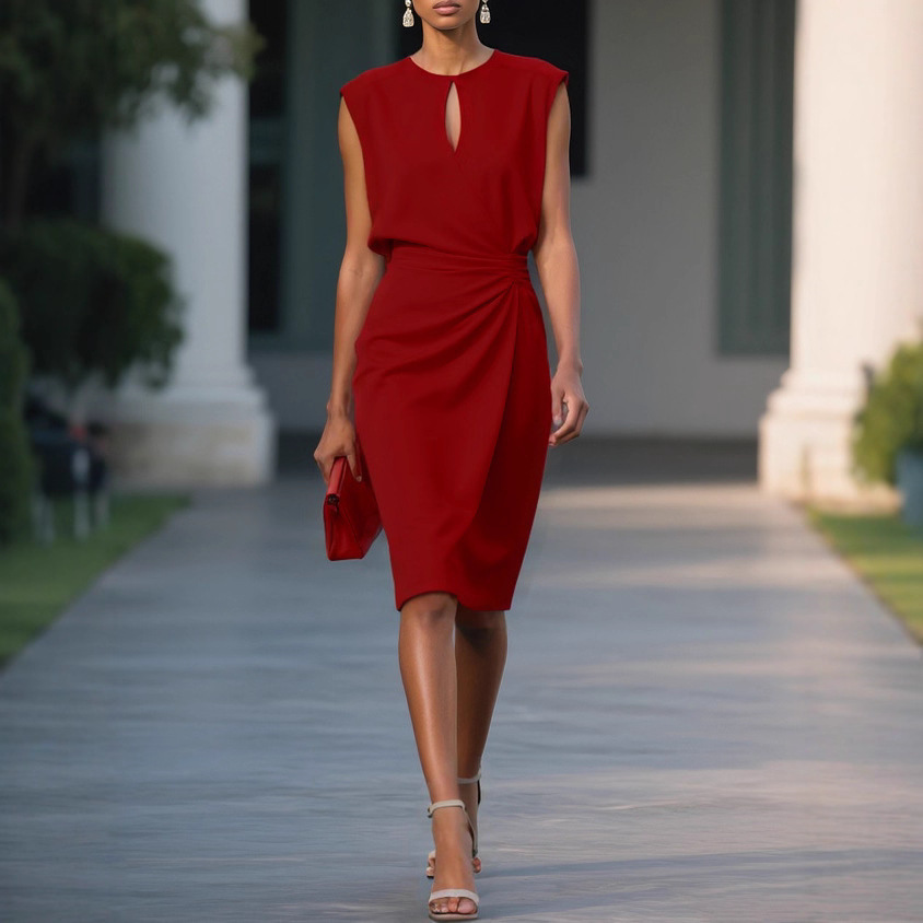 2025 European and American Women's Clothing Amazon Independent Website Retro Style Crossover Solid Color Knotted Round Neck Hollow Out Dress