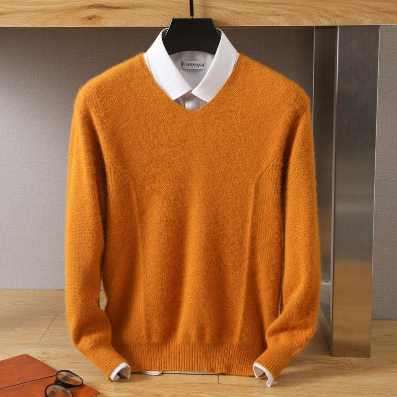 Autumn and winter new men's V-neck loose pullover solid color mink velvet base sweater knitted sweater inner top wool sweater - Image 3