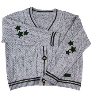 European and American clothing foreign trade autumn and winter AliExpress knitted embroidered cardigan temperament age-reducing loose casual sweater jacket