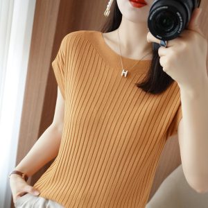Ice silk knitted sweater women's loose short-sleeved thin t-shirt 2023 summer new inner top with one word collar thin outer wear