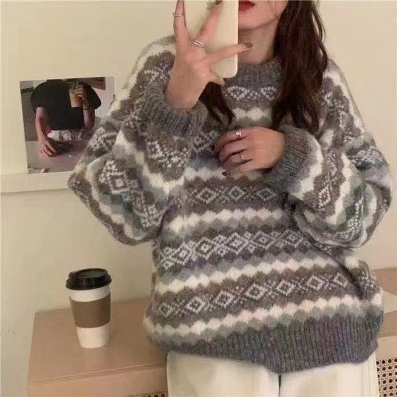 Autumn new soft waxy color matching diamond pullover sweater women's outerwear high-quality loose lazy style knitted top women - Image 7