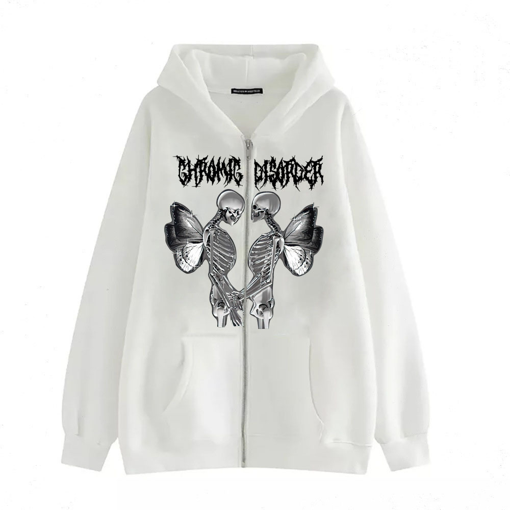 New arrival Skull Wings Hooded Zipper Sweatshirt Women Korean Style Plus Velvet Thickened Loose Sports Cardigan Sweatshirt Women - Image 5