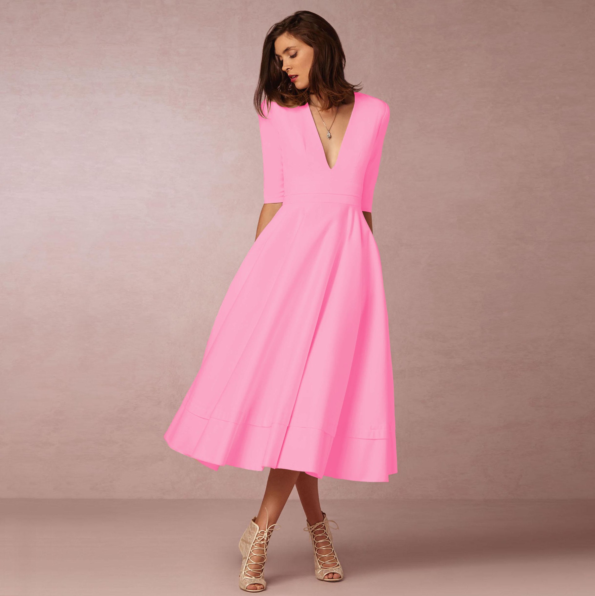 2023 new European and American foreign trade women's evening dress Amazon hot style sexy deep V mid-sleeve swing dress - Image 11
