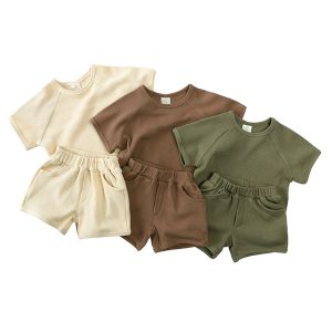 Children's summer suit Korean children's short-sleeved shorts suit waffle suit for small and medium-sized children can be worn at home or outside