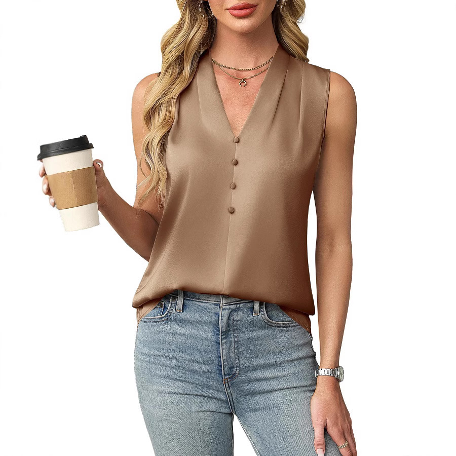 2025 European and American cross-border women's clothing, Amazon Spring/Summer new style elegant satin button V-neck sleeveless top, in stock. - Image 4