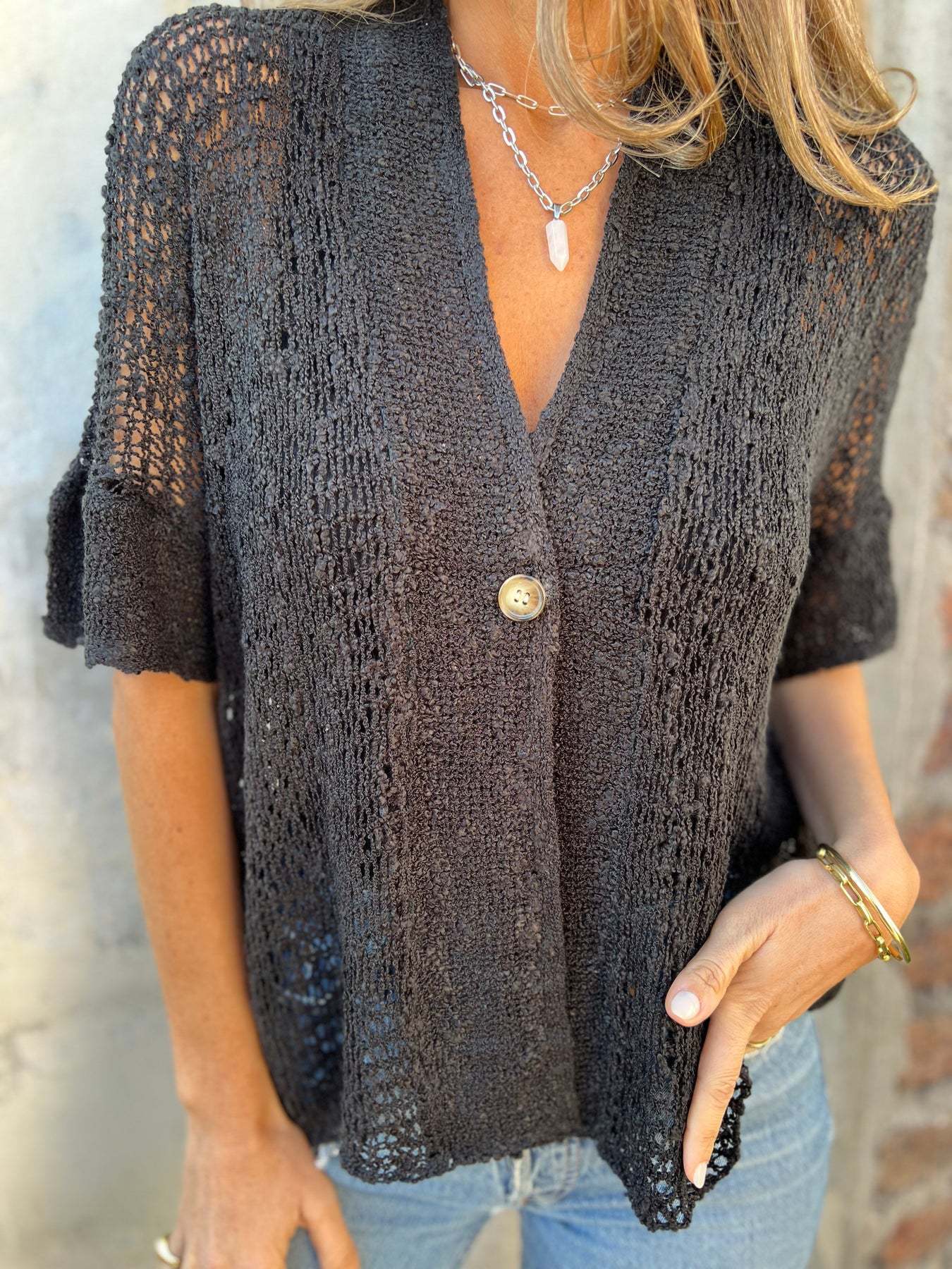2026 New European and American Style Women's Spring and Autumn Single-Button Mid-Sleeve Hollow-Out Knit Cardigan Top for Foreign Trade Independent Websites - Image 8