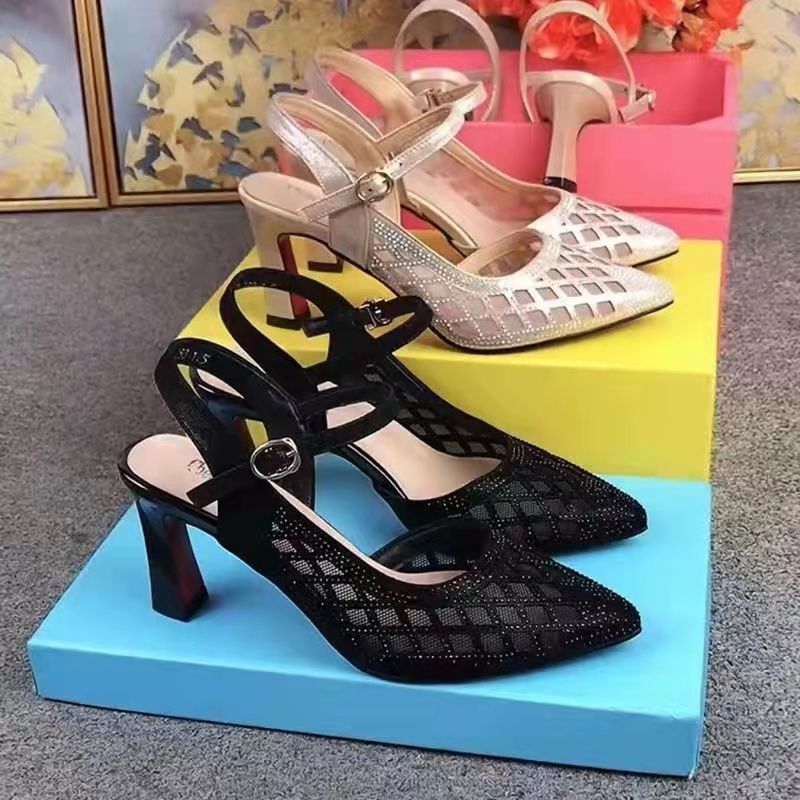 Sandals women's 2023 spring and summer new pointed toe back empty stiletto sandals sheepskin rhinestone mesh hollow breathable women's shoes - Image 6