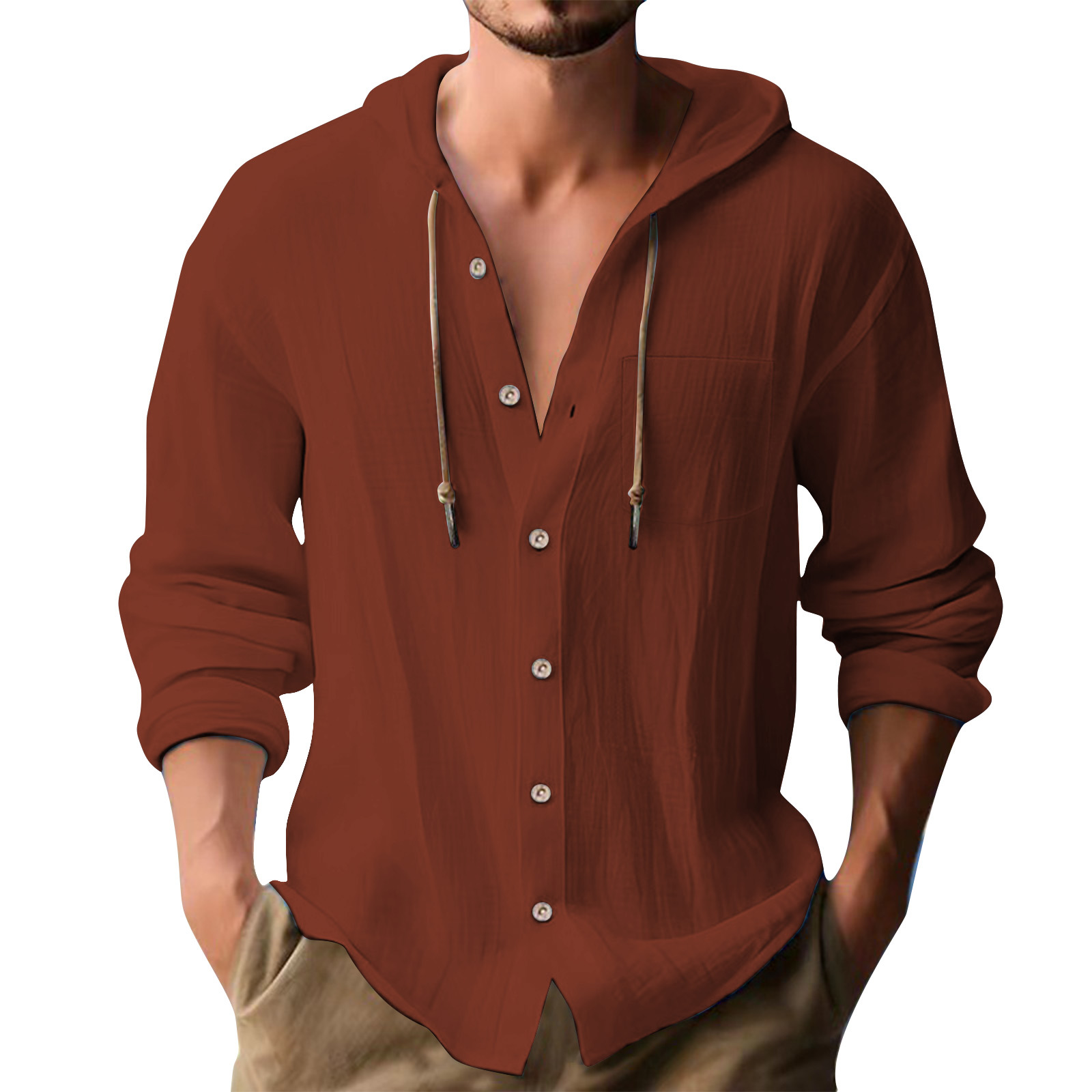 Cross-border European and American 2025 New Hot Selling Sports Trendy Hooded T-shirt Solid Color Cotton Linen Casual Long Sleeve Men's Shirt - Image 8