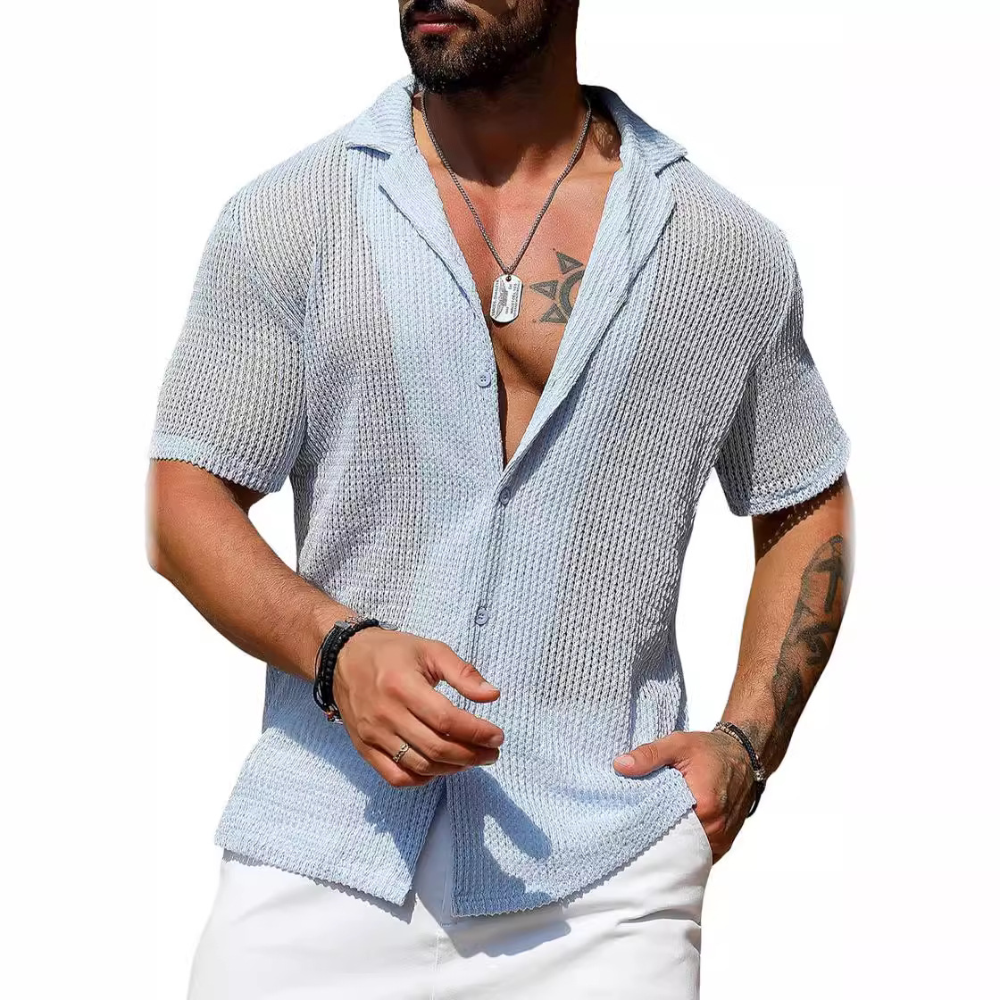 European and American men's casual shirts summer fashion cool breathable men's cardigan solid color short-sleeved tops knitted men's shirts - Image 5