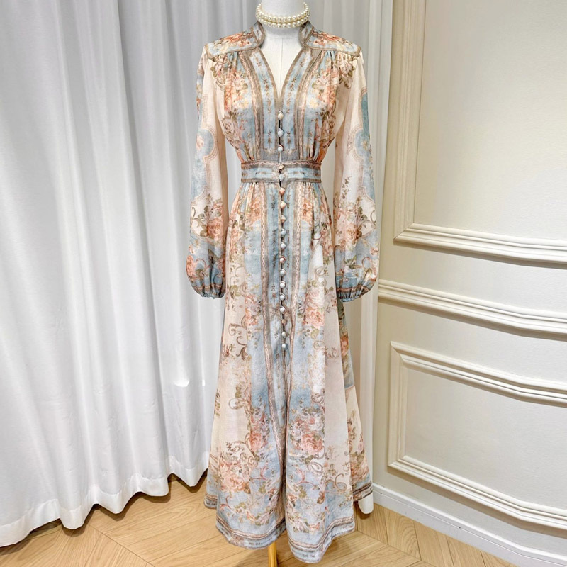 Z brand cross-border trade printed stand collar long-sleeved dress for women, puff sleeve waist-cinching cotton and linen vacation dress. - Image 3