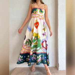 Cross-border European and American 2026 Summer Independent Store Elegant Printed Sleeveless High-Waisted Full Swing Suspender Dress