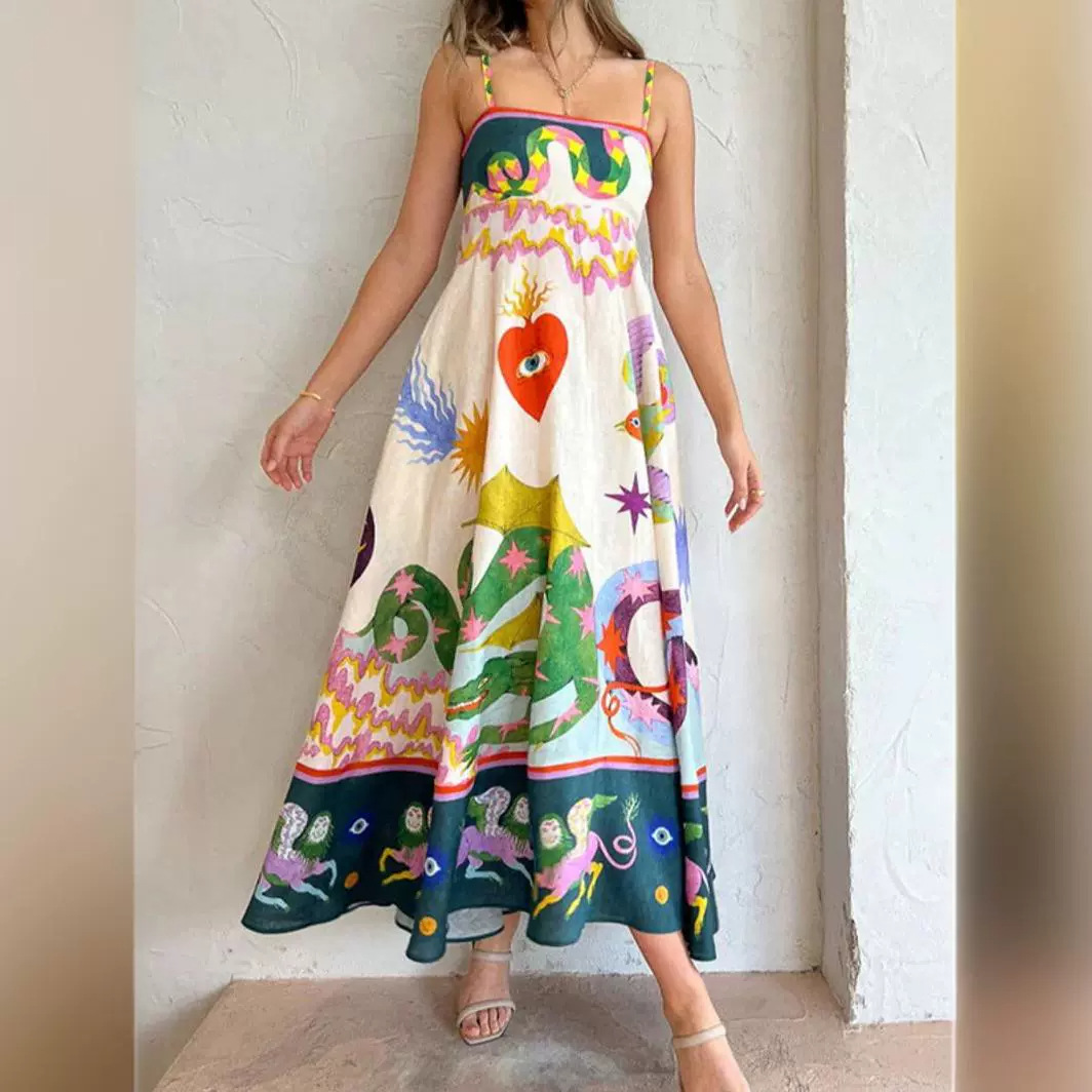 Cross-border European and American 2026 Summer Independent Store Elegant Printed Sleeveless High-Waisted Full Swing Suspender Dress