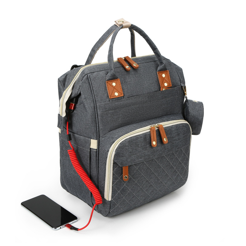Cross-border classic mommy bag embellished with small coin purse multi-function USB charging mother and baby bag light solid color mommy bag - Image 3
