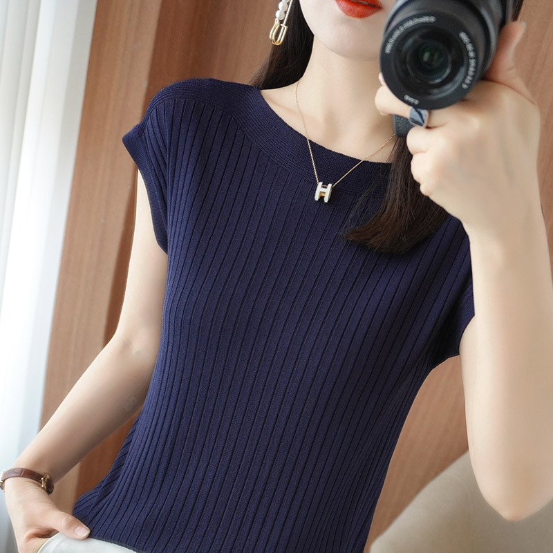 Ice silk knitted sweater women's loose short-sleeved thin t-shirt 2023 summer new inner top with one word collar thin outer wear - Image 12