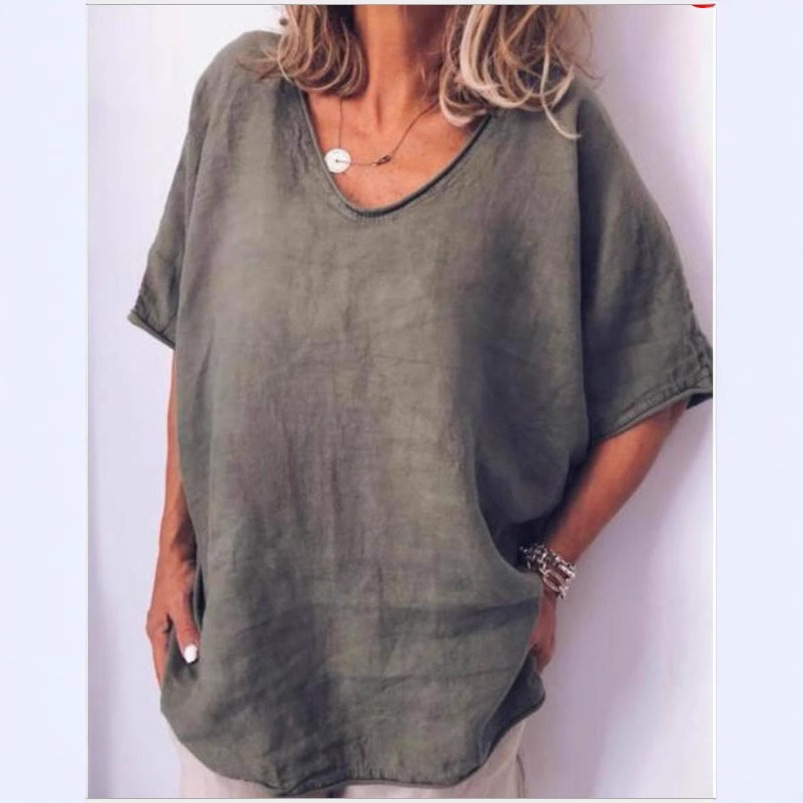 Cross-border e-commerce 2025 Amazon Europe and America Summer New Solid Color Loose Short Sleeve Casual Cotton Linen T-shirt - Image 2