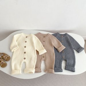 2026 Korean Style Baby Onesie Autumn Outfit for Boys and Girls, Solid Color Knitted Romper, Thickened Ribbed Onesie Long Romper