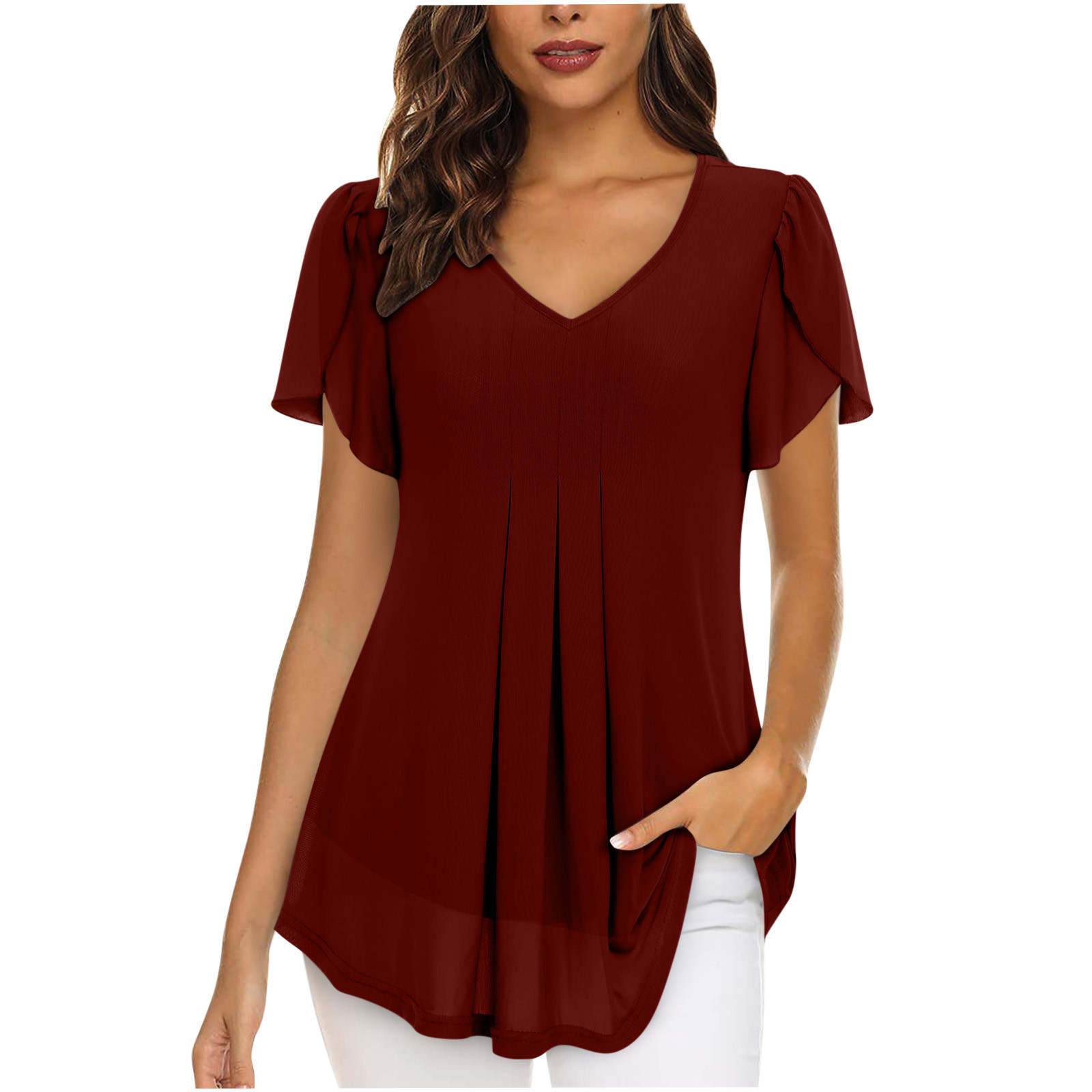 2023 European and American style women's chiffon blouse with petal-shaped short sleeves, waist-cinching top, summer casual T-shirt with pleats - Image 16