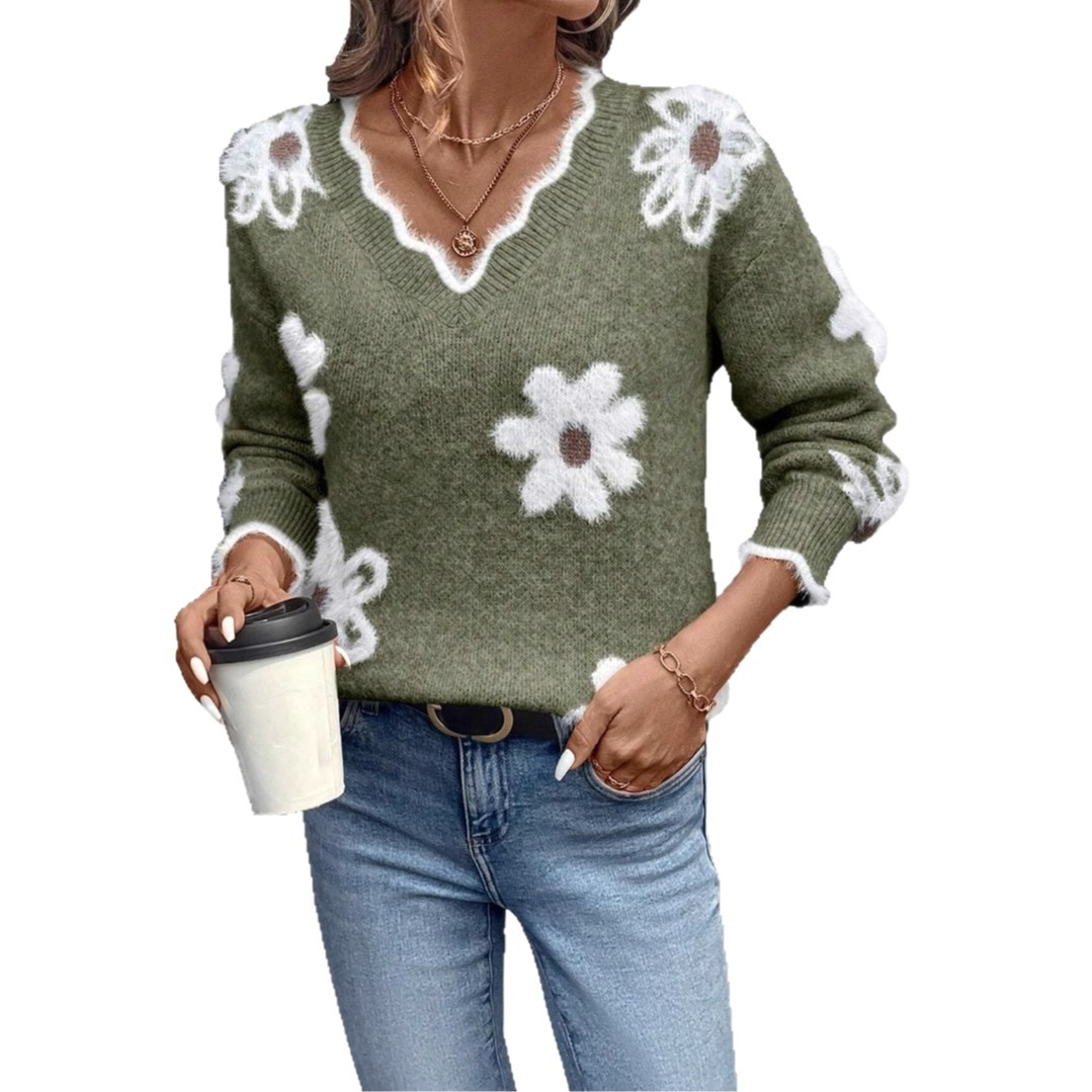 European and American cross-border women's sweater, popular style, elegant floral jacquard knit sweater, V-neck sweater - Image 5