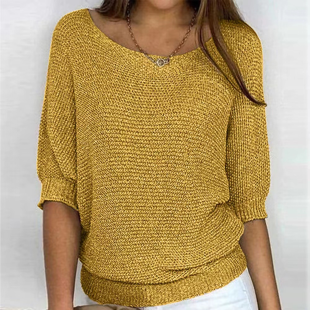 2026 New Russian AliExpress Wish Solid Color Crew Neck Knitted Top Women's Three-Quarter Sleeve Top Air Conditioning Shirt In Stock - Image 29