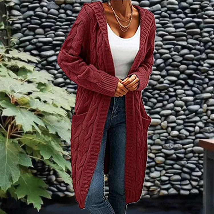 New cross-border e-commerce product, European and American foreign trade, Amazon, solid color loose knitted cardigan, chunky cable knit mid-length sweater coat for women. - Image 16