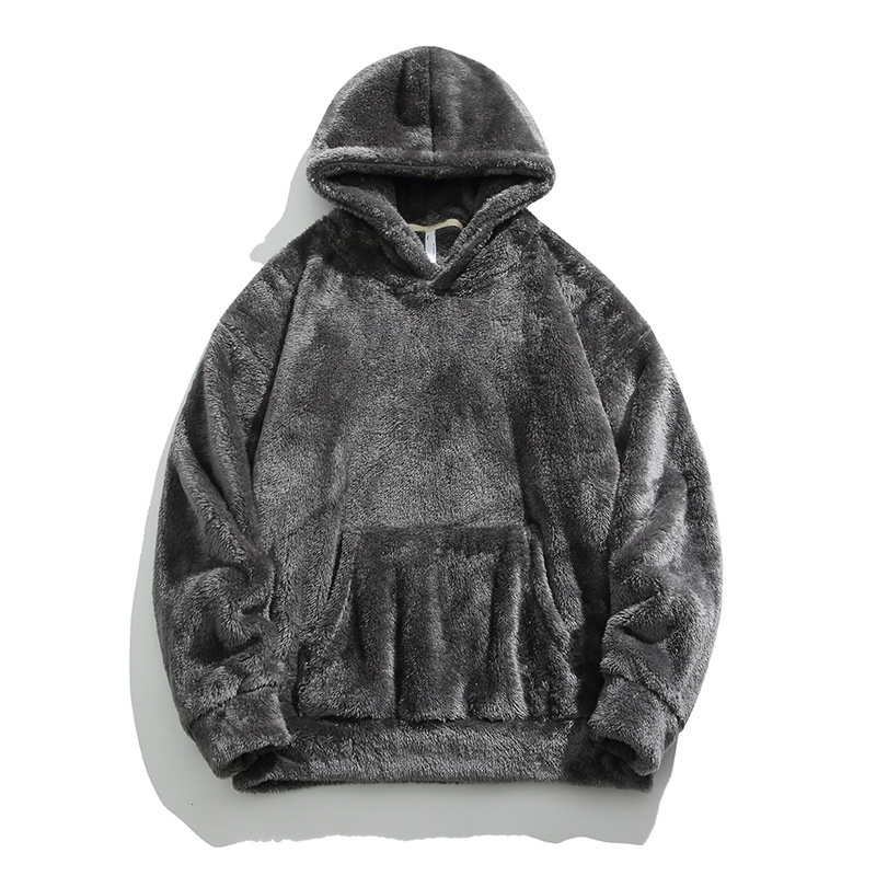 Cross-border supply of solid color arctic velvet hooded jacket for men, winter retro lazy loose couple casual sweater - Image 6