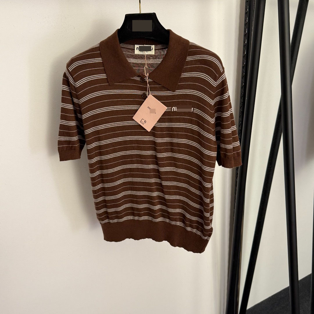 Nanyou High-End Foreign Trade Style Slim Fit Dopamine Style Letter Polo Collar Striped Short-Sleeve Wool Knit Top - Image 3