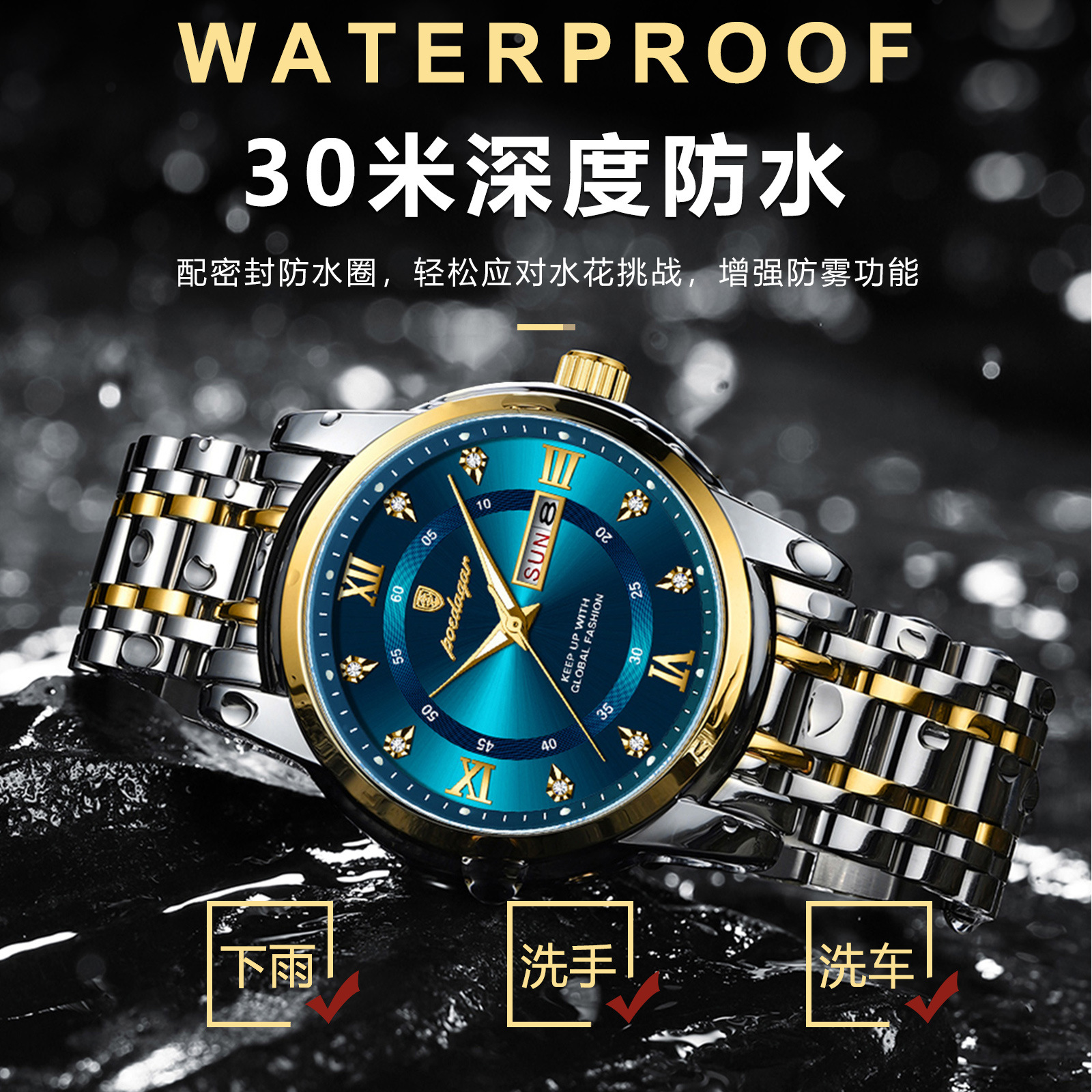Swiss brand waterproof new men's watch dual calendar luminous quartz watch live broadcast foreign trade hot sale one piece drop shipping - Image 2