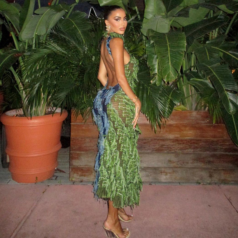 2024 New European and American Style Fashion High-Neck Sexy Hot Girl Hollow-Out Backless High Waist Tassel Patchwork Long Dress for Women - Image 2