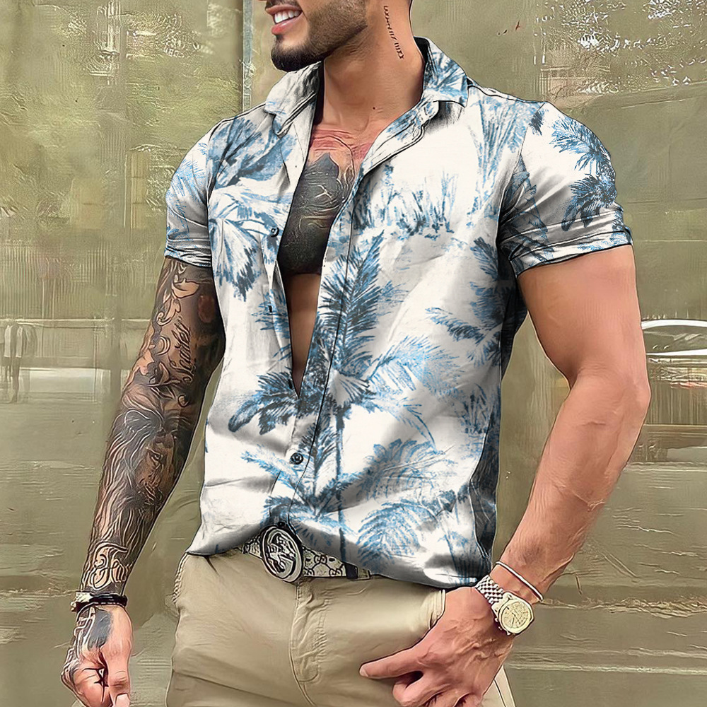 Cross-border foreign trade 2023 men's Hawaiian short-sleeved shirt men's lapel shirt holiday casual T-shirt - Image 37