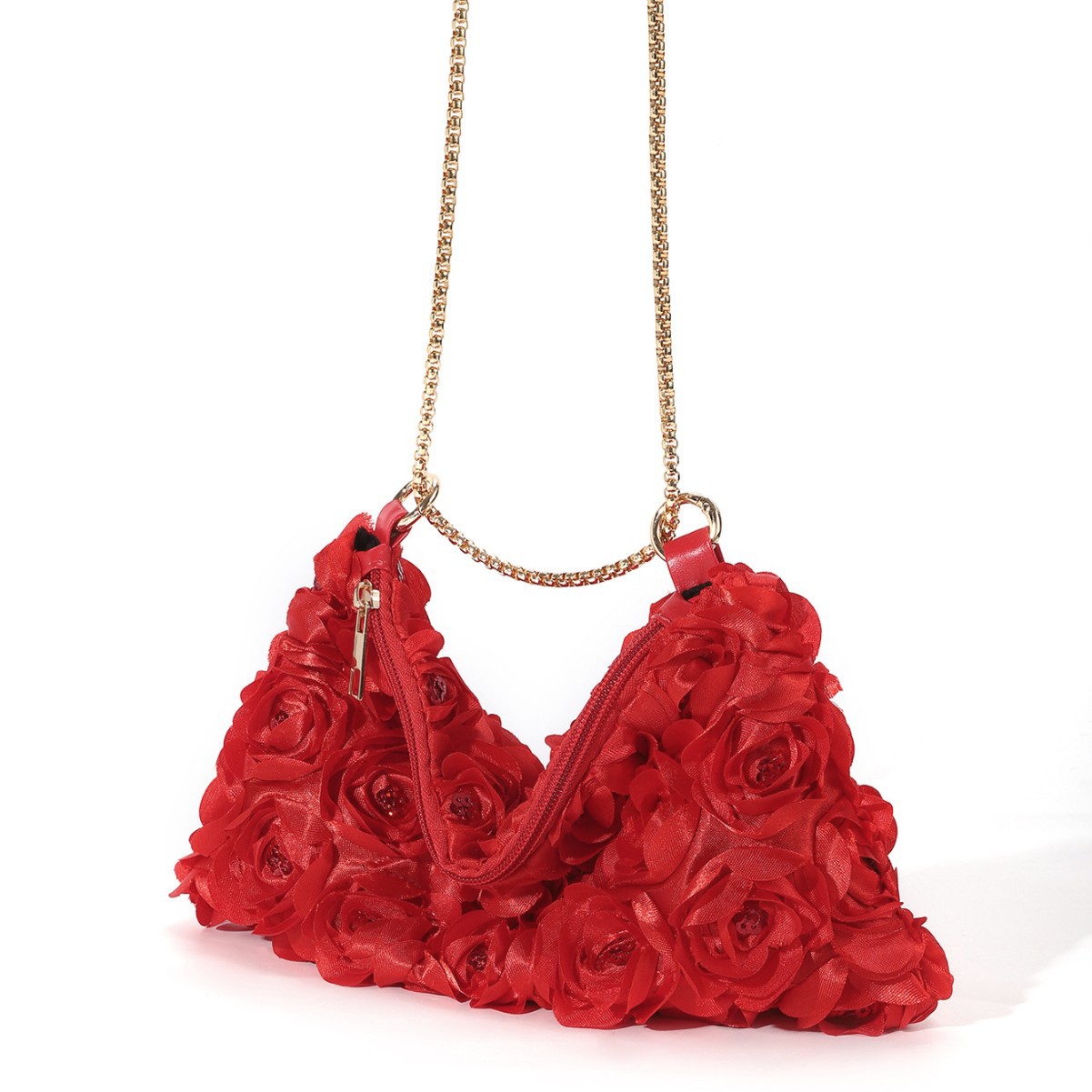 Spot European and American cross-border niche three-dimensional rose flower sequin satin chain zipper underarm crescent female evening bag - Image 2