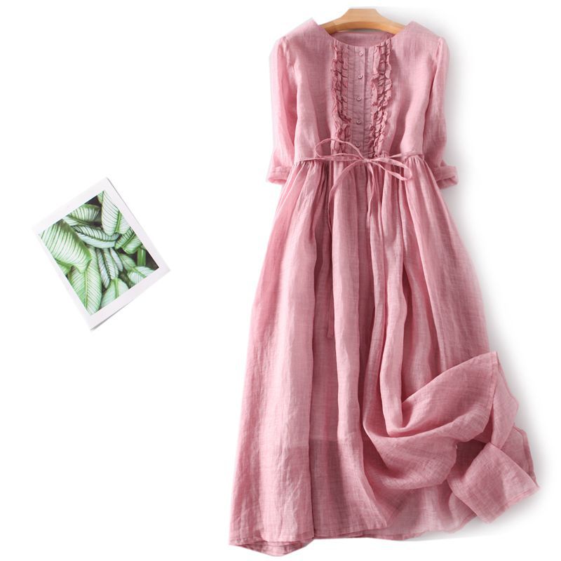 2023 Artistic Retro Ramie Round Neck Double-layer Fairy Lace-up Waist Medium-length Travel Dress Spring and Summer Women's Thin - Image 3