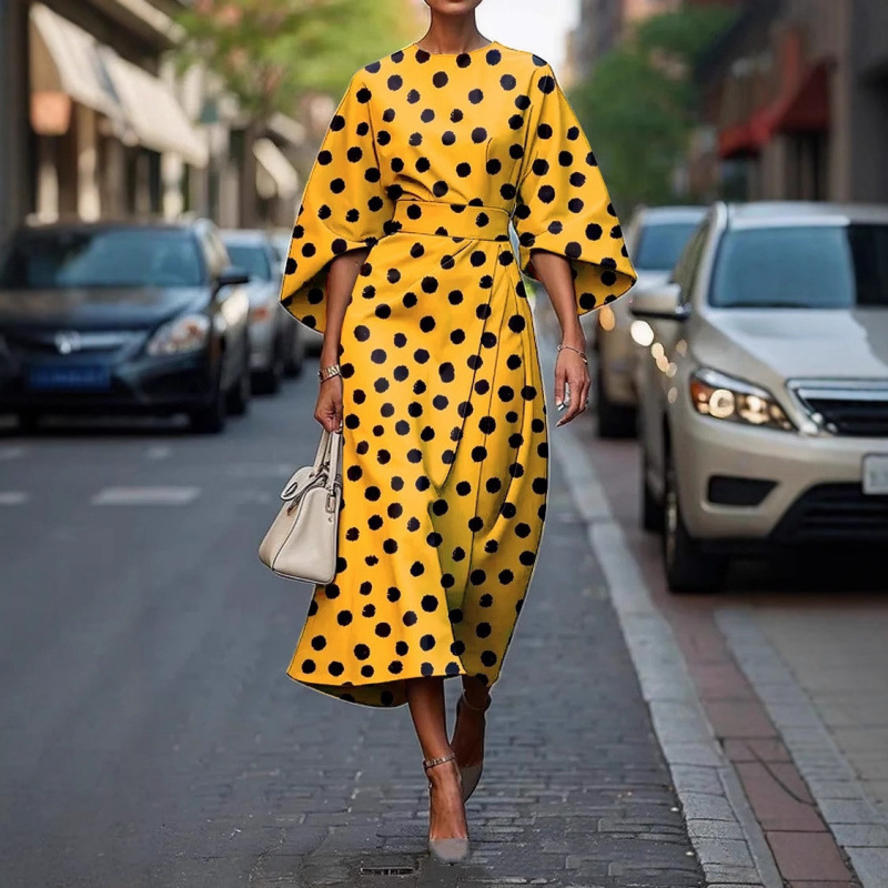 2025 Cross-Border Independent Website: Spring/Summer Round Neck Three-Quarter Batwing Sleeve Printed Elegant Women's Dress - Image 2