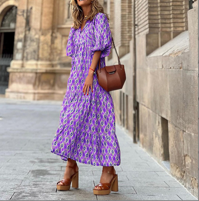 2023 Autumn New Arrival - Hot Selling Geometric Print Puff Sleeve Dress - Street Style Must-Have Plus Size Women's Clothing - Image 21