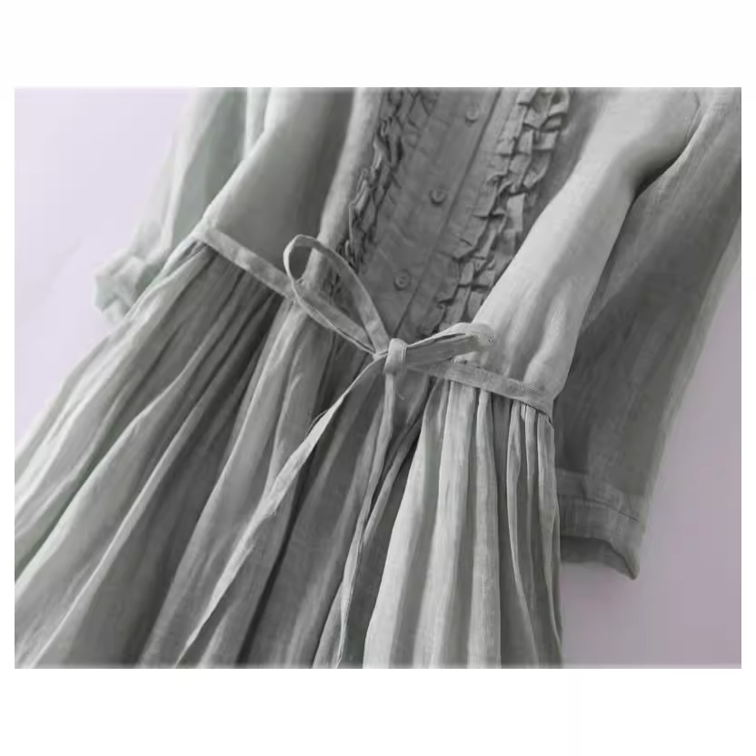 2023 Artistic Retro Ramie Round Neck Double-layer Fairy Lace-up Waist Medium-length Travel Dress Spring and Summer Women's Thin - Image 4