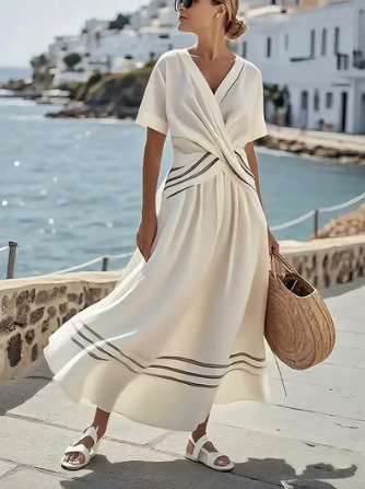 New European and American style summer vacation V-neck women's short-sleeved pleated maxi dress - Image 6