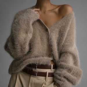 2026 Cross-Border Hot Selling Spring and Autumn Faux Mink Cardigan Women's Lazy Style Loose Sweater Coat Soft Long Sleeve Knitwear