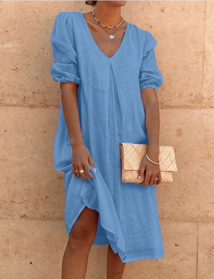 2024 Amazon Wish Cotton Linen Solid Color Mid-Length Sleeve Casual Mid-Length Dress, Elegant Commuter Style, Full Swing - Image 9