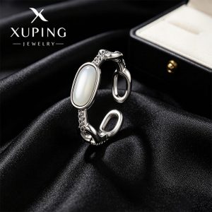 Xuping Geometric Oval Glass Cat's Eye Open Ring, Fashionable Copper Alloy Simple Ins Style Hollow Out Ring for Women