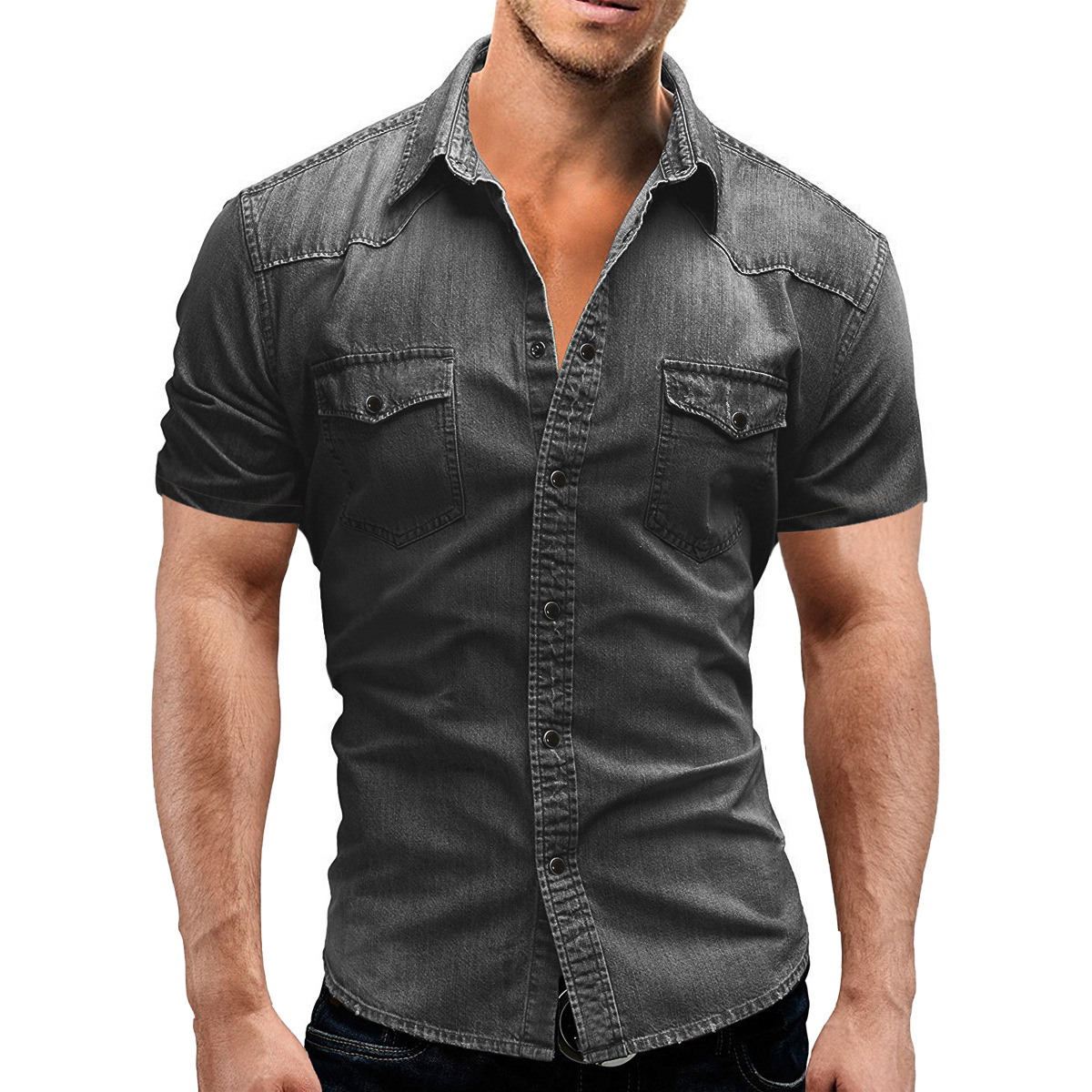 Hong Kong trendy brand 2023 summer new casual solid color men's denim short-sleeved shirt casual large size designer style - Image 3