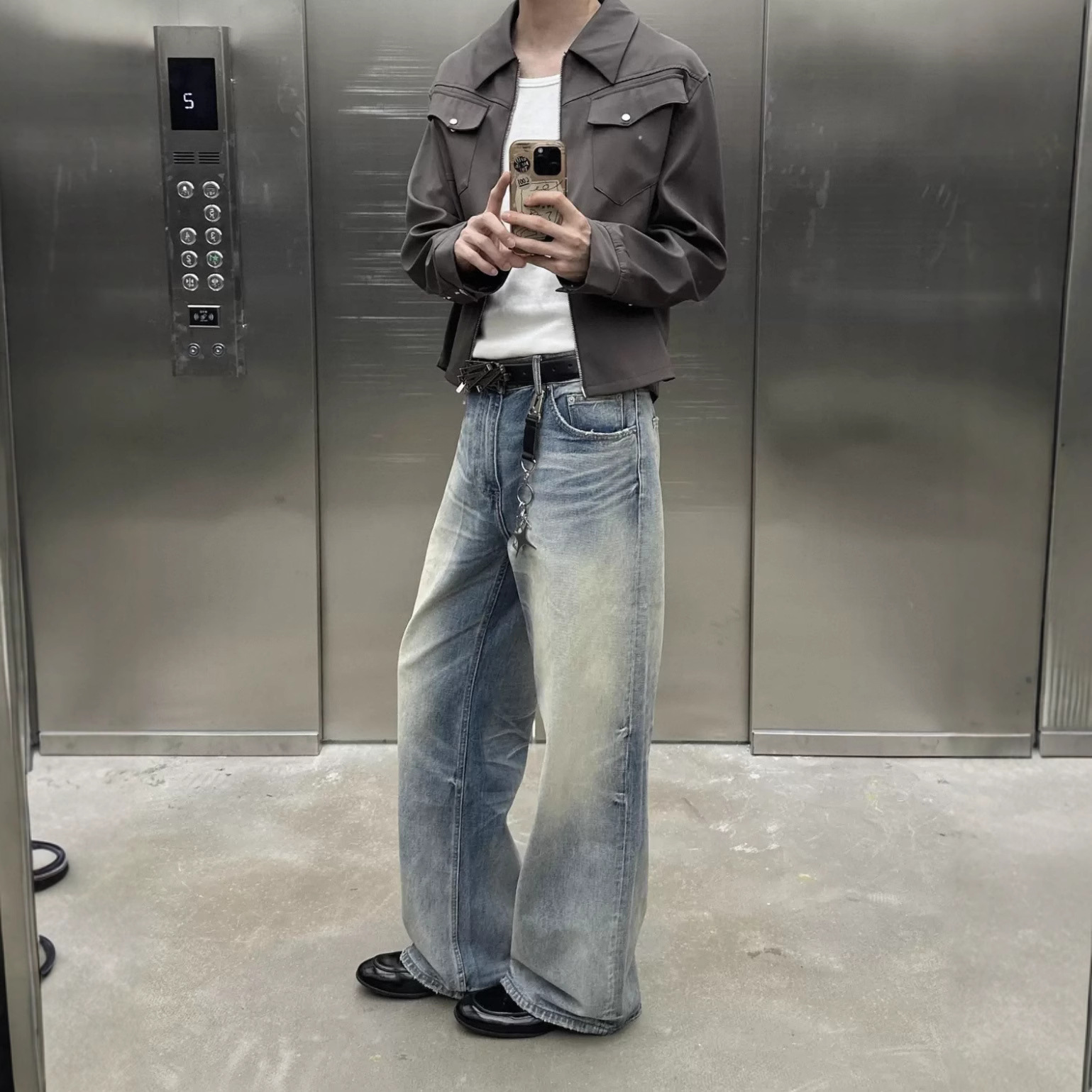 Jimo self-owned TBR Niu Wang series 05 A-line version washed blue straight loose cleanfit jeans