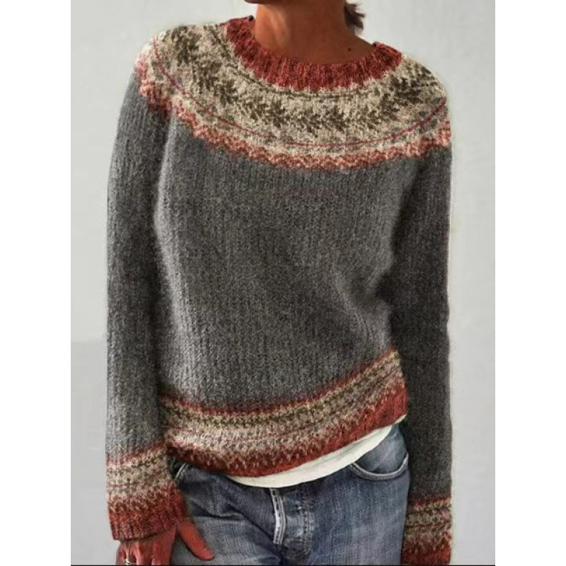 Amazon European and American new sweater women wish hot sale round neck color matching loose fashion pullover sweater