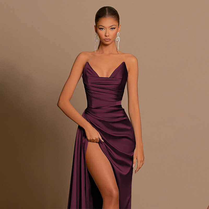 JY24540 Autumn 2026 New Elegant Sexy Slim Fit Deep V Waist Satin Slit Dress for Women - Image 11