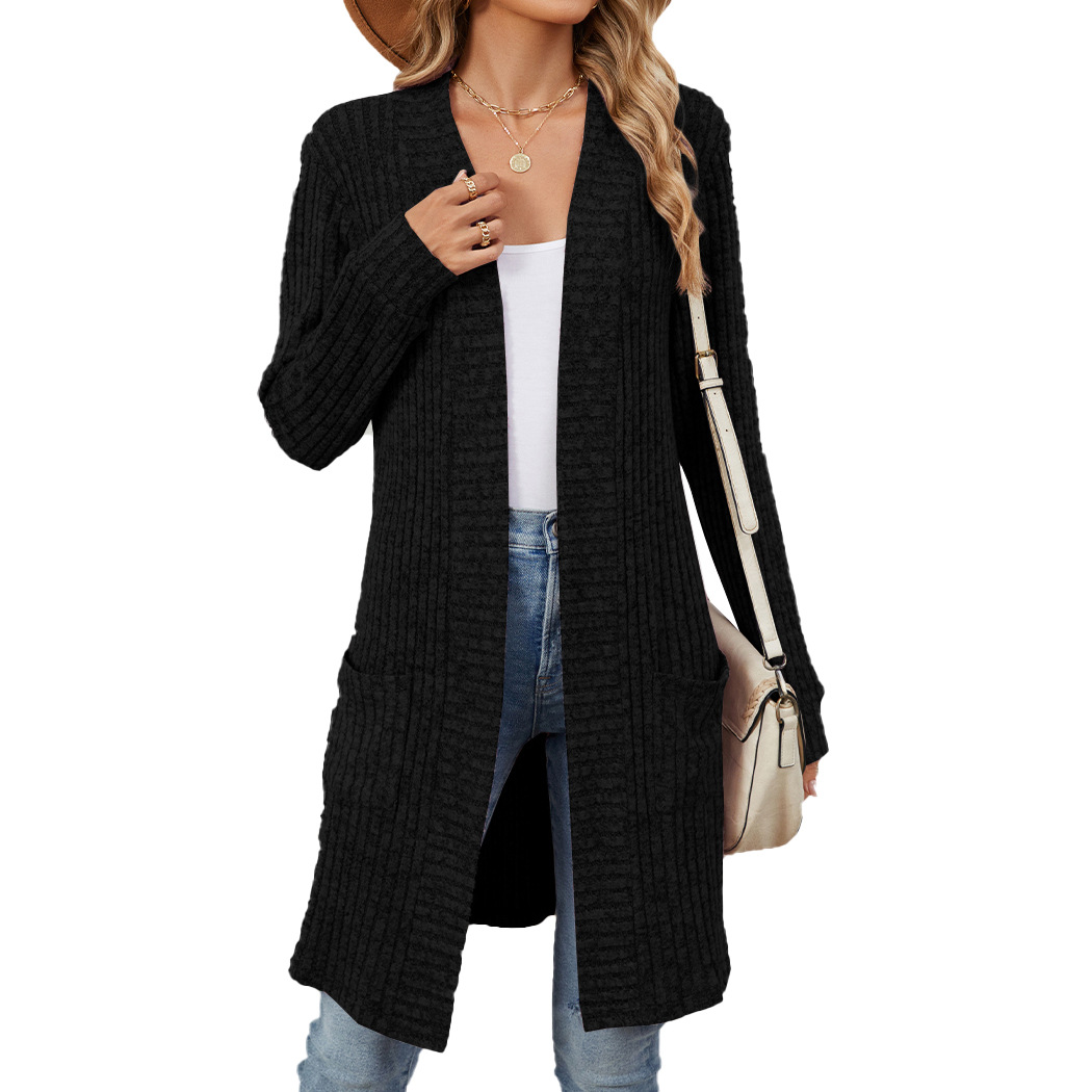 Amazon 2025 European and American Cross-border Foreign Trade Autumn and Winter Long Solid Color Long Sleeve Loose Pocket Cardigan Coat Women's Clothing - Image 4