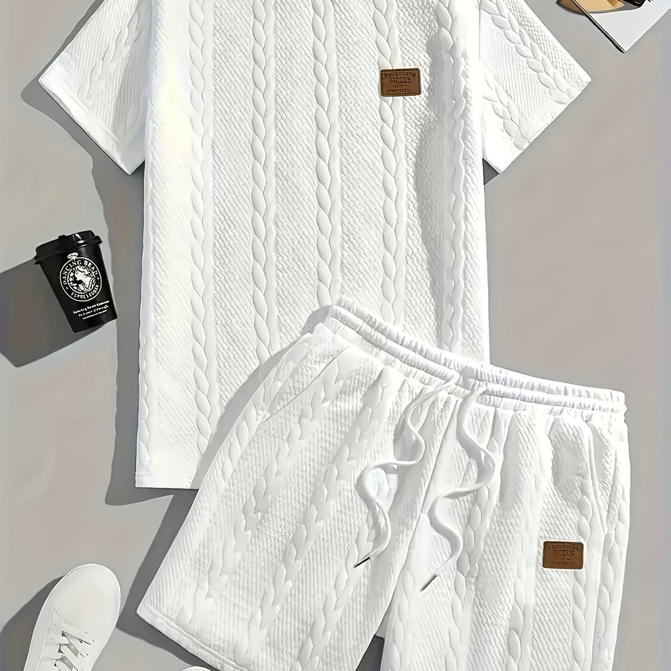 Cross-border European and American style men's solid color patchwork design overseas style summer 2025 knitted casual ribbed short-sleeved two-piece set - Image 4