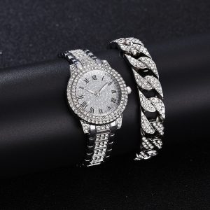Roman literal steel belt watch full of diamonds starry temperament business quartz watch hip-hop style full diamond bracelet set