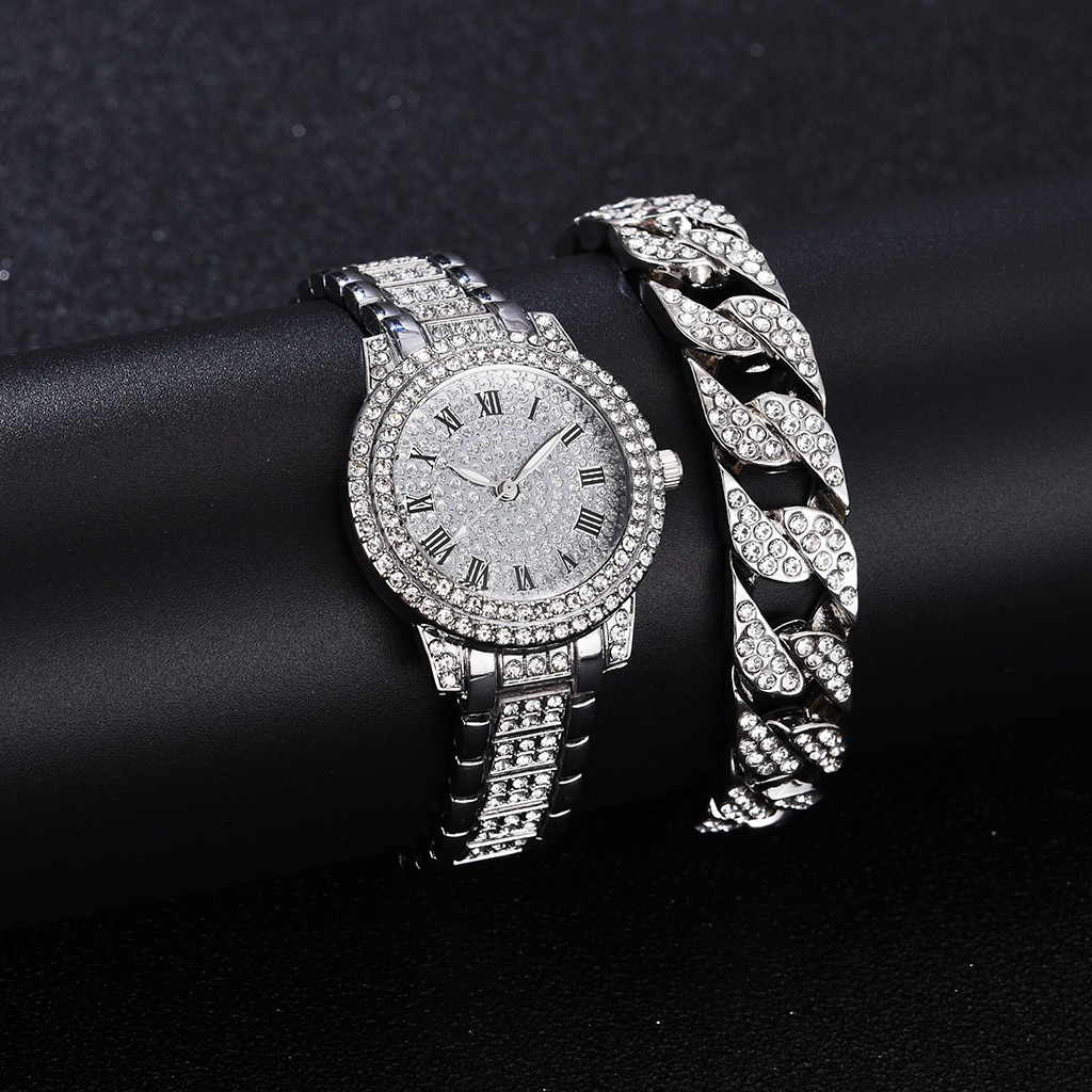 Roman literal steel belt watch full of diamonds starry temperament business quartz watch hip-hop style full diamond bracelet set