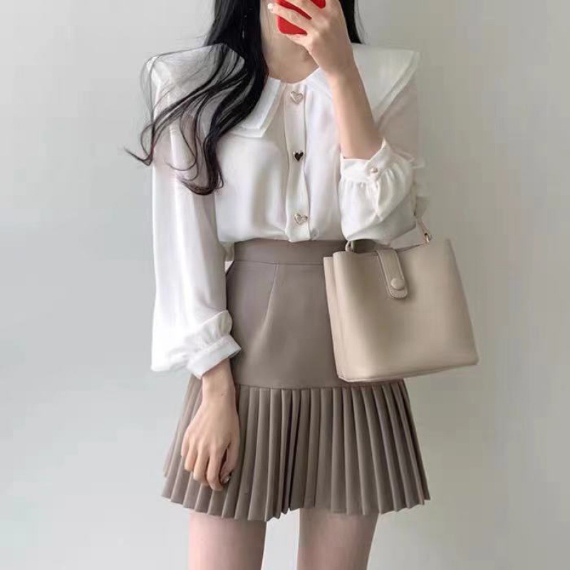 Chiffon shirt suit female spring and autumn temperament two-piece design double-layer doll collar top half-length pleated skirt - Image 3